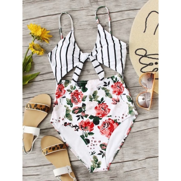One Piece Cut out Floral Striped Swimsuit New! - Picture 1 of 6